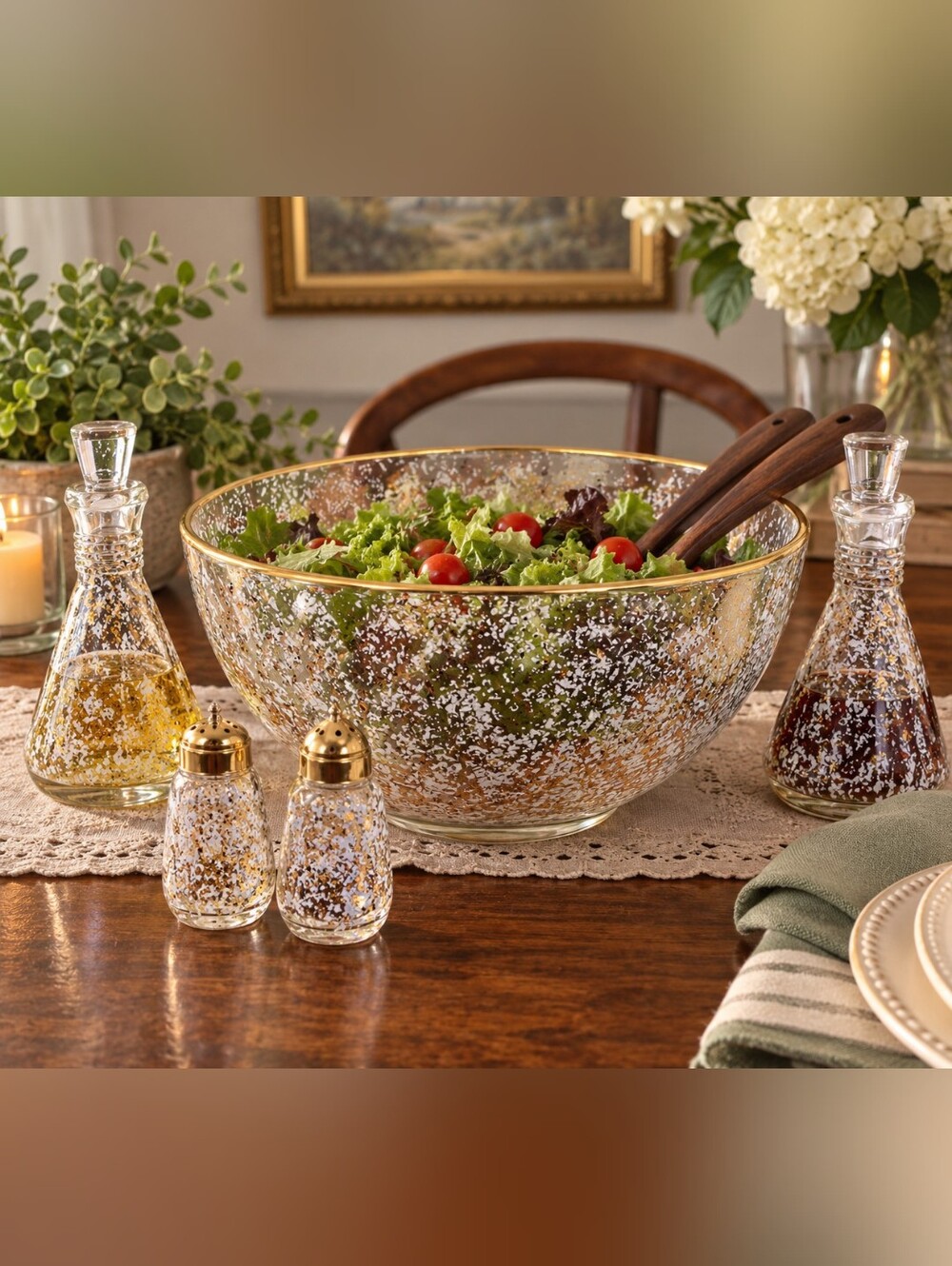 Vintage Hazel Atlas Gold White Confetti Glass 5-Piece Salad Serving Set